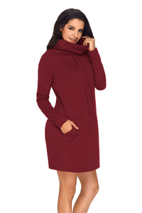 Sexy Burgundy Drawstring Cowl Neck Sweatshirt Dress