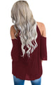Sexy Burgundy Embroidery Detail Cold Shoulder Top