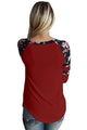 Sexy Burgundy Floral Varsity Stripe Long Sleeve Top