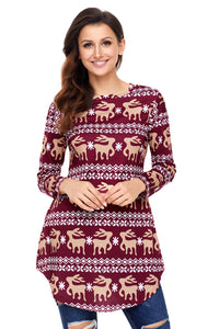 Sexy Burgundy Geometric Snowflake Christmas Reindeer Blouse