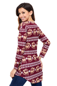 Sexy Burgundy Geometric Snowflake Christmas Reindeer Blouse