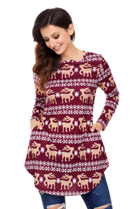 Sexy Burgundy Geometric Snowflake Christmas Reindeer Blouse