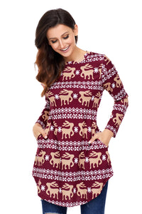 Sexy Burgundy Geometric Snowflake Christmas Reindeer Blouse