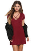 Sexy Burgundy Jersey Knit Cross Strap Tunic Top Short Dress