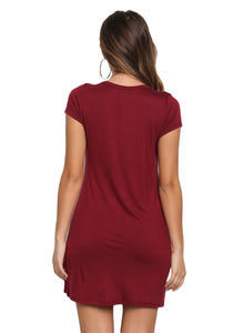 Sexy Burgundy Jersey Knit Cross Strap Tunic Top Short Dress