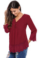 Sexy Burgundy Lace Detail Button Up Sleeved Blouse