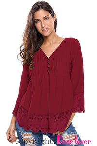 Sexy Burgundy Lace Detail Button Up Sleeved Blouse