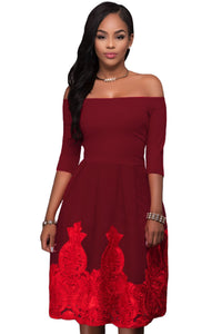 Sexy Burgundy Lacy Embroidery Tulle Skirt Skater Dress