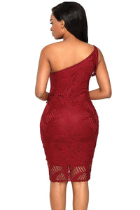 Sexy Burgundy Laser Cut One Shoulder Ruffle Embellished Dress