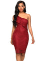 Sexy Burgundy Laser Cut One Shoulder Ruffle Embellished Dress