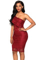 Sexy Burgundy Laser Cut One Shoulder Ruffle Embellished Dress