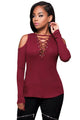 Sexy Burgundy Long Sleeve Cut-out Shoulder Ribbed Top