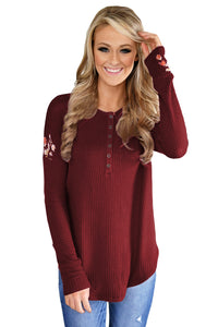 Sexy Burgundy Long Sleeve Floral Top
