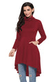 Sexy Burgundy Long Sleeve Pocket High Low Tunic