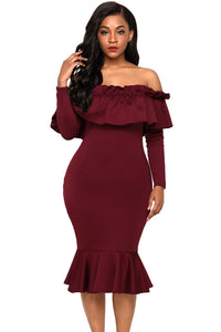 Sexy Burgundy Long Sleeve Ruffle Off Shoulder Dress