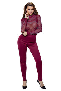Sexy Burgundy Long Sleeve Studded Mesh Top Jumpsuit