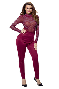 Sexy Burgundy Long Sleeve Studded Mesh Top Jumpsuit