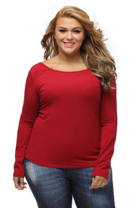 Sexy Burgundy Plus-Size Crisscross Back Long-Sleeve Top