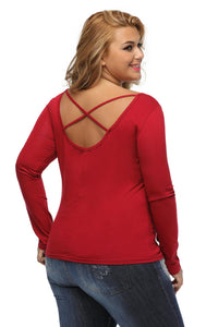 Sexy Burgundy Plus-Size Crisscross Back Long-Sleeve Top