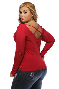 Sexy Burgundy Plus-Size Crisscross Back Long-Sleeve Top