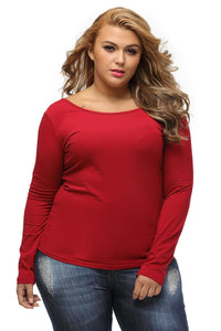 Sexy Burgundy Plus-Size Crisscross Back Long-Sleeve Top