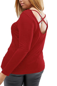 Sexy Burgundy Plus-Size Crisscross Back Long-Sleeve Top