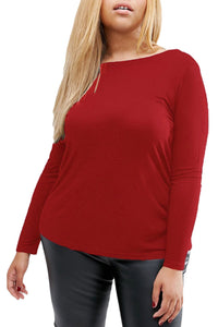 Sexy Burgundy Plus-Size Crisscross Back Long-Sleeve Top