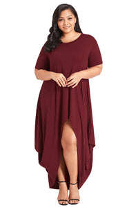 Sexy Burgundy Plus Size Hi-Lo Slit Jersey Knit Maxi Dress