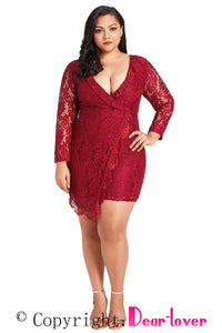 Sexy Burgundy Plus Size Lace Faux Wrap Ruffle Dress