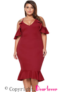 Sexy Burgundy Plus Size Ruffle Cold Shoulder Flounced Dress