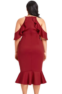 Sexy Burgundy Plus Size Ruffle Cold Shoulder Flounced Dress
