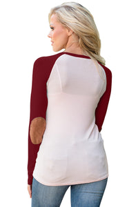 Sexy Burgundy Raglan Sleeve Elbow Patch and Buttons Top