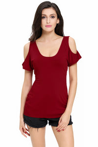 Sexy Burgundy Ruched Cutout Back Cold Shoulder Top