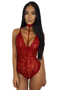Sexy Burgundy Sheer Lace Choker Neck Teddy Lingerie