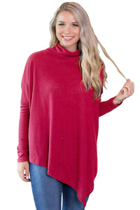 Sexy Burgundy Soft Faux Poncho High Neck Sweater