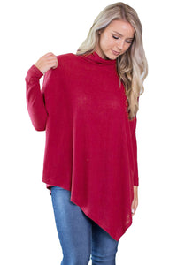 Sexy Burgundy Soft Faux Poncho High Neck Sweater