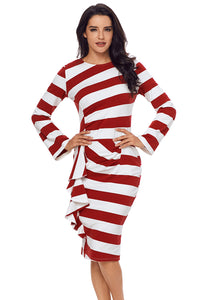 Sexy Burgundy Striped Ruffle Side Back Slit Long Sleeve Midi Dress