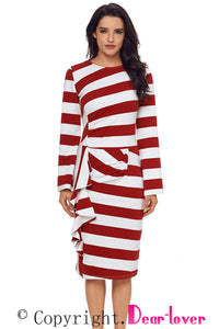 Sexy Burgundy Striped Ruffle Side Back Slit Long Sleeve Midi Dress