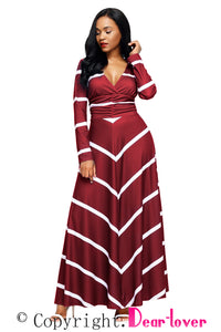 Sexy Burgundy Striped V Neck Long Sleeve Maxi Dress