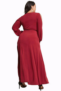 Sexy Burgundy Surplice V Neck Plus Size Maxi Dress