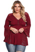 Sexy Burgundy V Neck Lace Insert Bell Sleeves Babydoll Plus Top