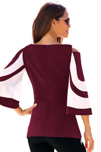 Sexy Burgundy White Colorblock Bell Sleeve Cold Shoulder Top