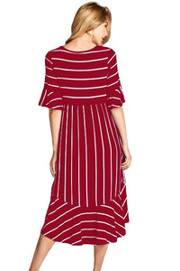 Sexy Burgundy White Striped Bell Sleeve Hi-low Midi Dress
