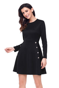 Sexy Button Side Detail Black Military Skater Dress