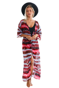 Sexy Buttons and Slit Front Open Tie-dye Print Chiffon Beachwear
