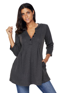 Sexy Charcoal Cable Knit Button Neck Swingy Tunic