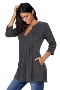 Sexy Charcoal Cable Knit Button Neck Swingy Tunic