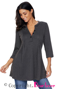 Sexy Charcoal Cable Knit Button Neck Swingy Tunic