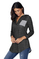 Sexy Charcoal Houndstooth Plaid Button V Neck Hoodie