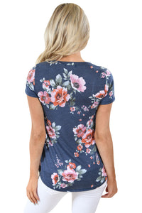 Sexy Charcoal Short Sleeve Round Neck Floral Printed Womens T-shirt
